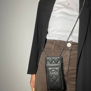 Authentic Chanel O Phone Card Holder Crossbody Bag Quilted Caviar Black